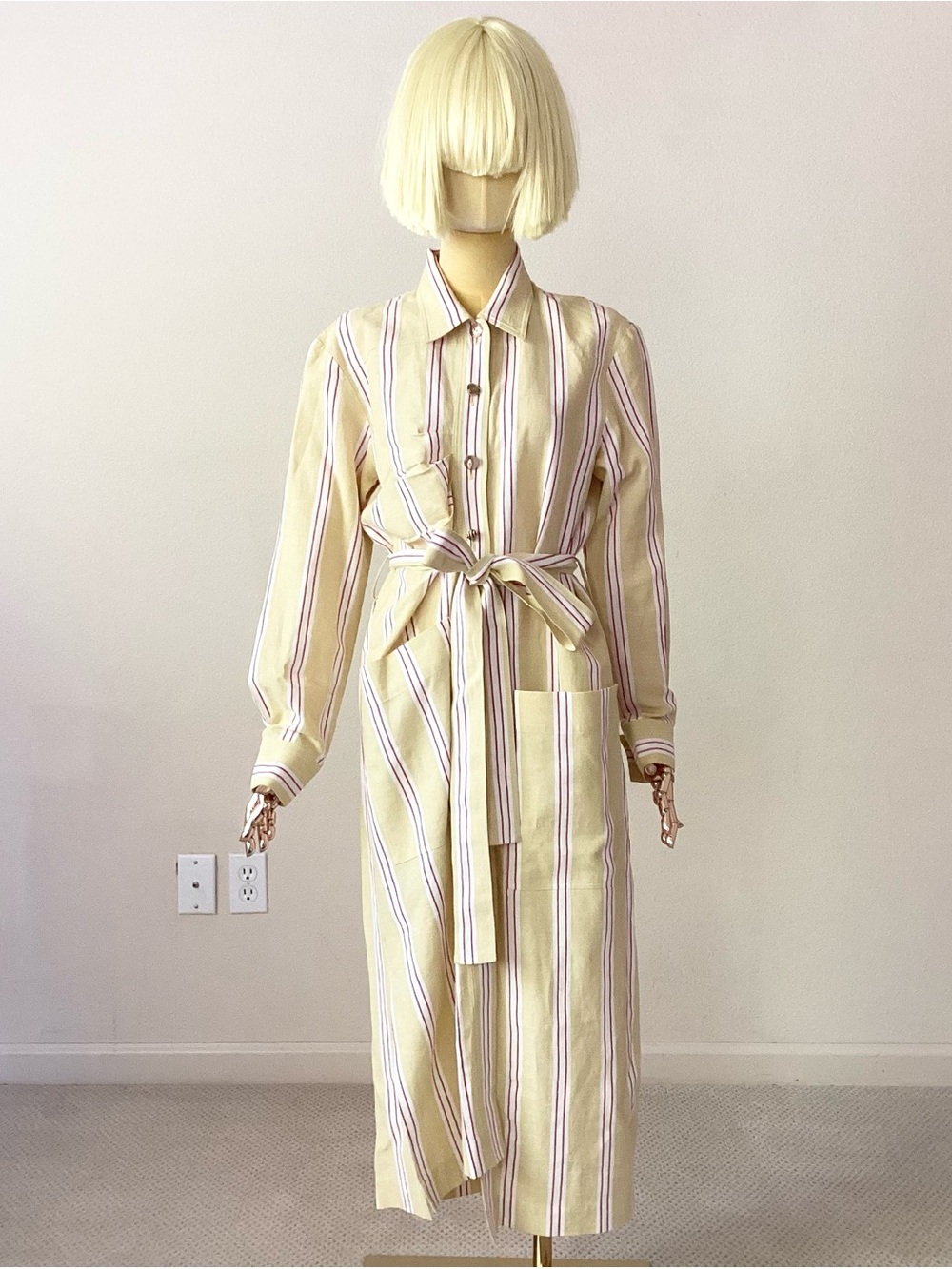 Rejina Pyo Striped Butter Yellow Asymmetric Button-Front Midi Shirt Dress XS